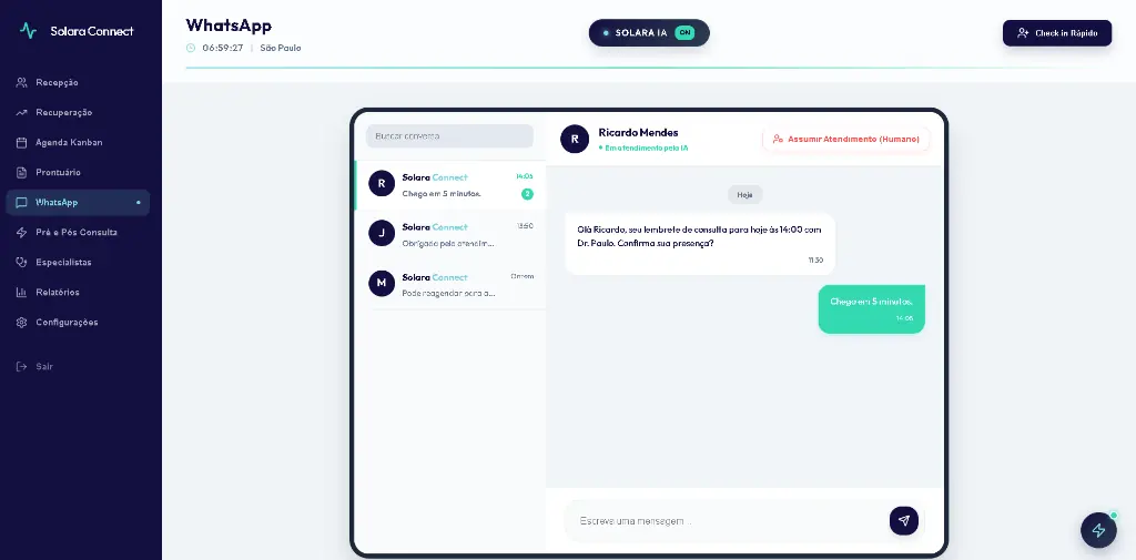 Conversa no WhatsApp em que a Solara confirma a consulta da paciente
